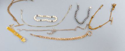 Mixed jewellery including a modern 9ct and cultured pearl bracelet, silver albert, gilt albertina,