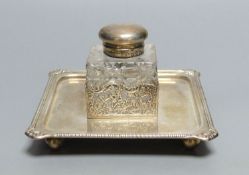 A late Victorian silver inkstand with mounted cut glass well, Atkin Brothers, Sheffield, 1896, stand