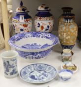 A pair of French Imari patterned vases, a blue and white Spode Italian bowl, diameter 36cm, etc.