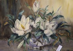 Marion Broom (1878-1962), watercolour, Still life of magnolia blooms in a glass vase, signed, 55 x