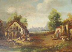 Demeret, oil on board, Landscape with woman feeding chickens, 28 x 34cm