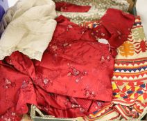 A red brocade dressing gown, embroidered silk runner, Indian panel, Liberty Morris style fabric etc
