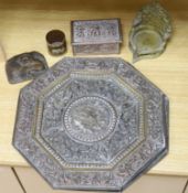 A pair of Indian cast metal trays and four other items, including a pair of octagonal embossed