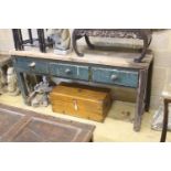 A Victorian pine three drawer serving table, length 185cm, depth 56cm, height 94cm