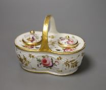 A Spode inkstand in the form of a basket with weave moulding having two ink pots and cover, the