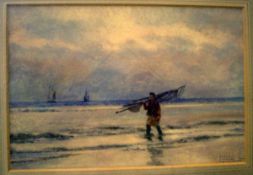 John Fraser (Exh.1880-1919), watercolour, Shrimper on the shore, signed and dated 1909, 17 x 25cm.