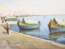 Albert Delia (Maltese, 1934-) oil on canvas, Valetta harbour, signed, 35 x 45cm and two views of