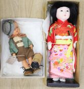 A plastic Hummel doll and Japanese doll, miniature Herman bear with piano and stool (3)
