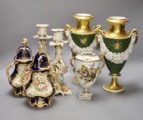 A pair of French porcelain vases, a pair Coalbrookdale style vases, a pair of Paris candlesticks and