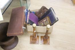 A pair of Masonic oak and gilt metal twin pillars and a collection of Lodge of Unity ledgers,