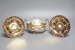 A Spode sucrier and cover in imari style, mark SPODE 967 in red and a pair of Spode plates marked