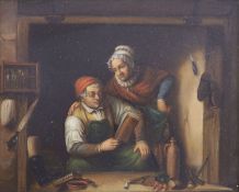 19th Century German School, oil on zinc, Interior with couple in a scullery, 15 x 19cm.