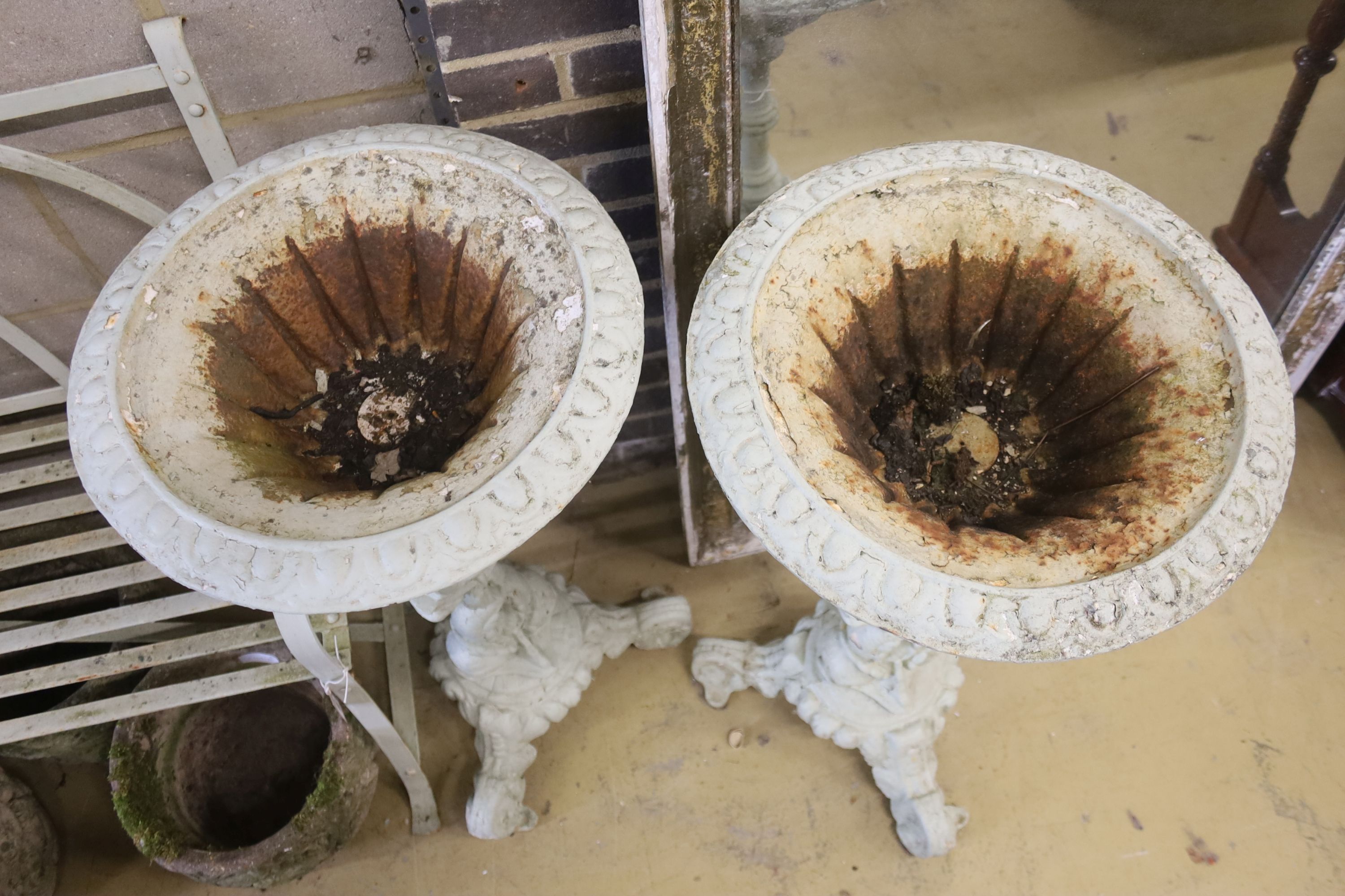 A pair of Victorian Coalbrookdale style painted cast iron pedestal urns, diameter 46cm, height 84cm - Image 3 of 3