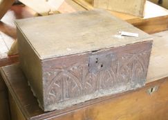A 17th century oak bible box, width 49cm, depth 45cm, height 24cm