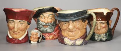 A group of four large Royal Doulton character jugs and one miniature character jug, including The