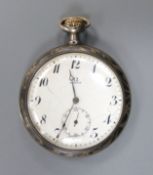 An early 20th century white metal and niello Omega open face keyless pocket watch, dial a.f., case