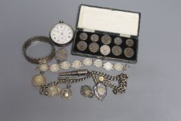 Mixed items including silver medallions, Victorian silver and yellow metal hinged bangle, a Mordan &