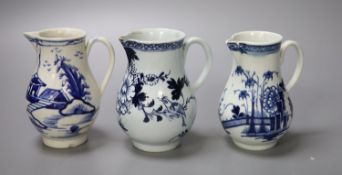 Three Liverpool sparrow beak jugs, one painted with a pattern after Worcester plantation, another