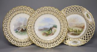 A pair of 19th century Minton pierced plates painted with landscapes, impressed marks, diameter
