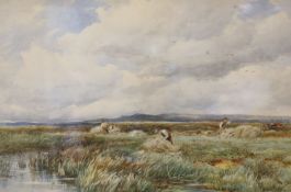 David Bates (1840-1921), watercolour, 'Rush Gathering, Arthog Moor', signed, 36 x 52cm