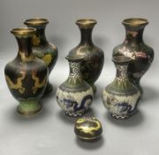Three pairs of cloisonne vases and a lidded pot, tallest 23cm