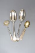 Three assorted silver spoons including two 18th century and a Finnish white metal spoons, gross