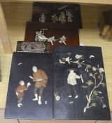 Five 19th century Japanese lacquer and bone panels, largest 45 x 30cm