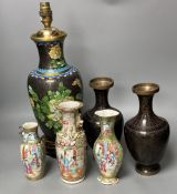 A cloisonne table lamp, height 35cm excluding light fitting, a pair of metal vases and three famille