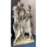 A cast stone garden ornament modelled as the Three Graces, height 106cm