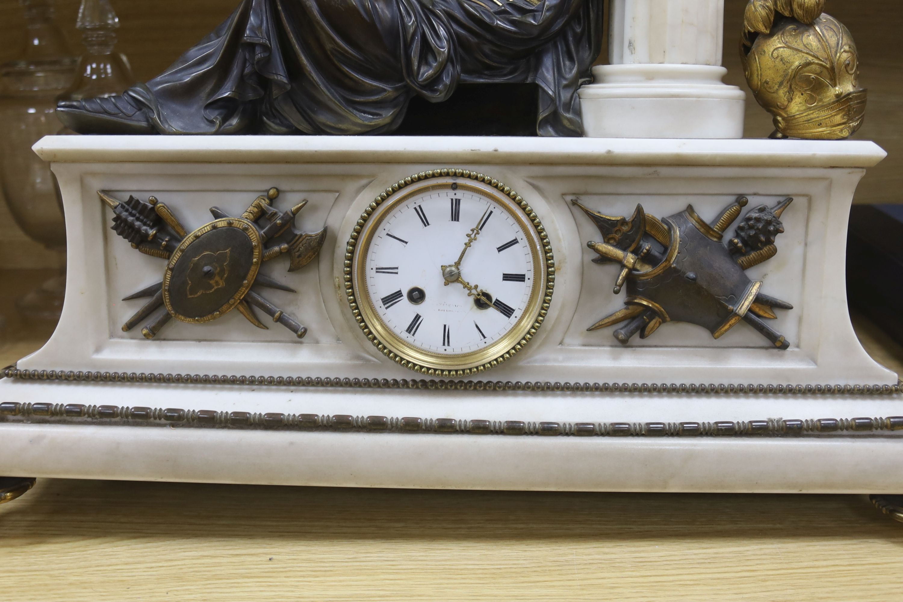 A 19th century gilt metal and marble figural mantel clock, length 58cm - Image 3 of 5