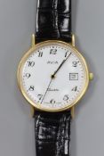 A gentleman's modern 9ct gold Avia quartz wrist watch, on associated strap, cased diameter 33mm,