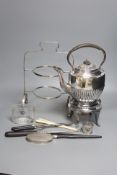 A Victorian spirit kettle, plate, frame and sundries