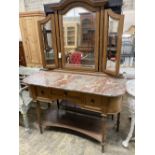 An early 20th century French marble topped mirror back dressing table, length 127cm, depth 55cm,