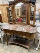 An early 20th century French marble topped mirror back dressing table, length 127cm, depth 55cm,