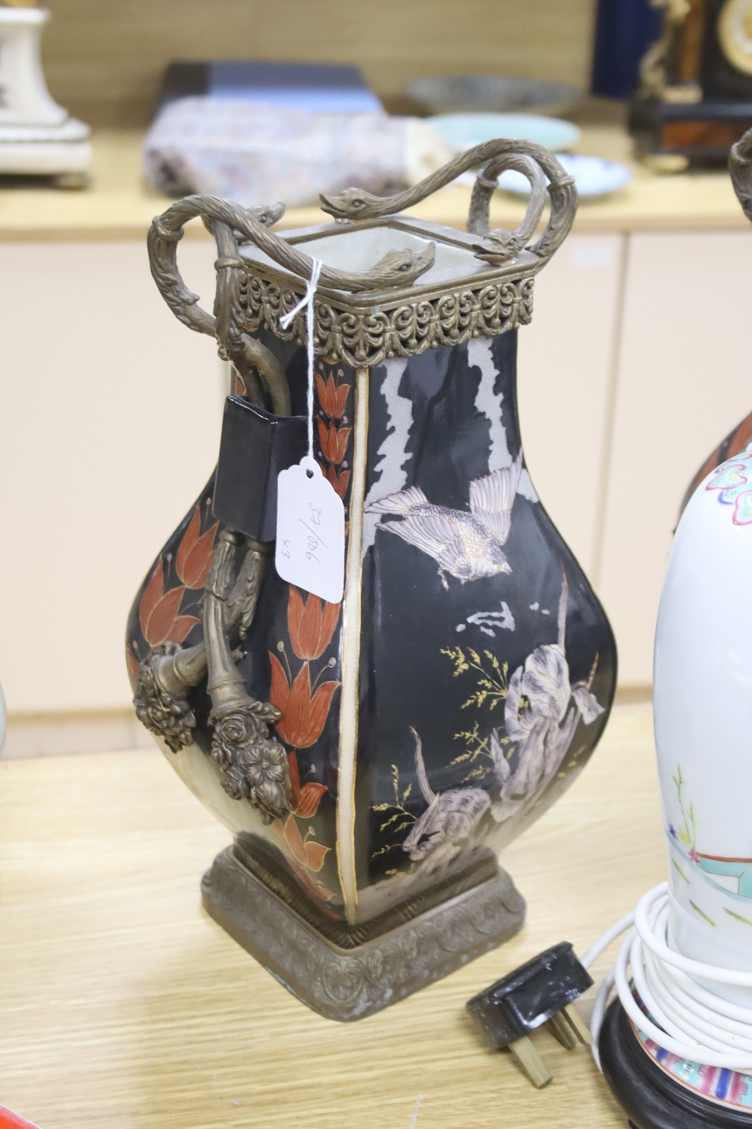 A pair of reproduction French bronze mounted porcelain lamps and a Chinese vase famille rose - Image 3 of 5