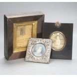 A small silver framed portrait miniature and two picture frames