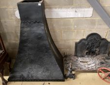 A fireside set comprising of cast iron fire back, basket, width 92cm, height 43cm, pair of dogs