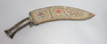 A Nepalese curved kukri with enamel inlaid sheath