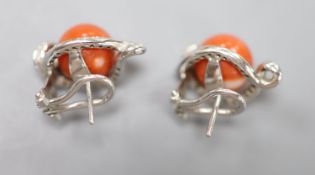 A modern pair of Italian 750 white metal, coral and diamond set earrings, 22mm, gross weight 13.2