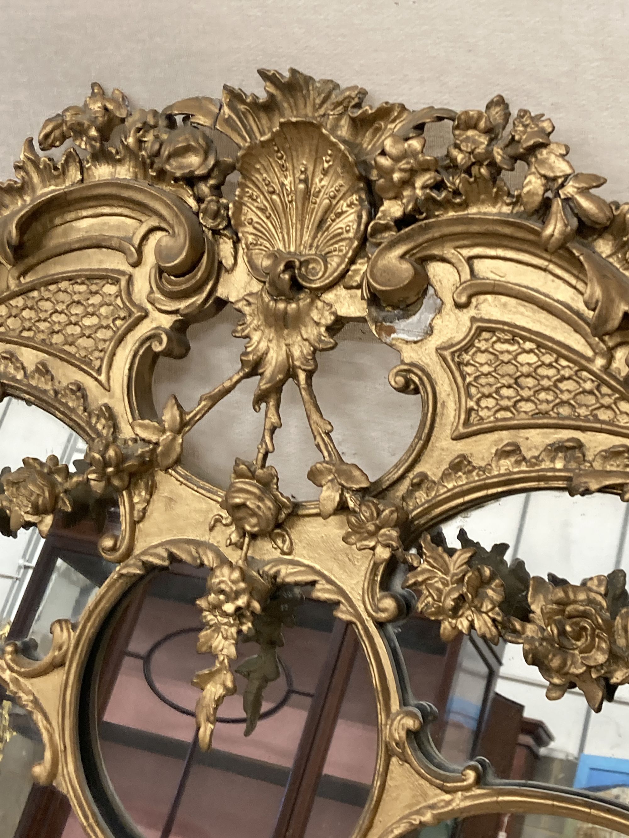 A late Victorian giltwood and gesso overmantel mirror, width 108cm, height 115cm - Image 3 of 6