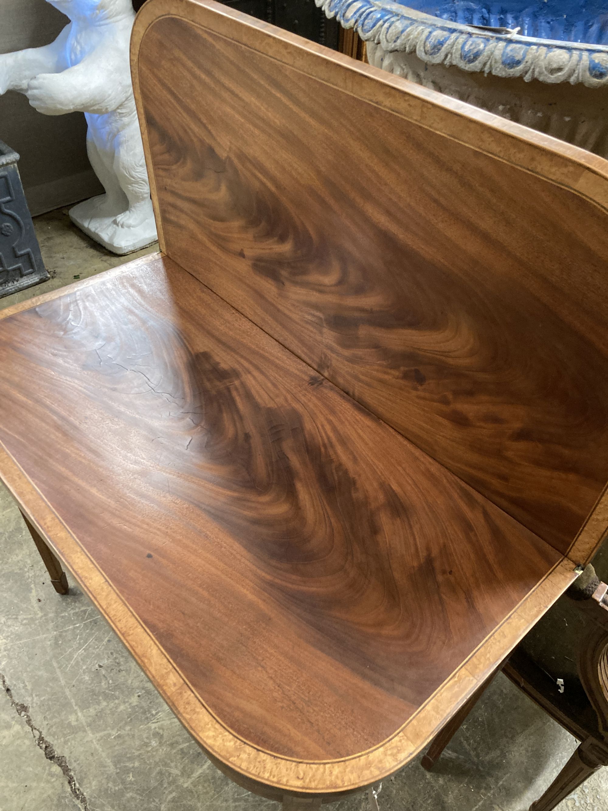 A George III bird's eye maple banded mahogany folding tea table, width 91cm, depth 46cm, height - Image 3 of 3