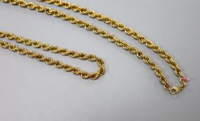 A modern 9ct gold ropetwist chain, 80cm,21 grams.