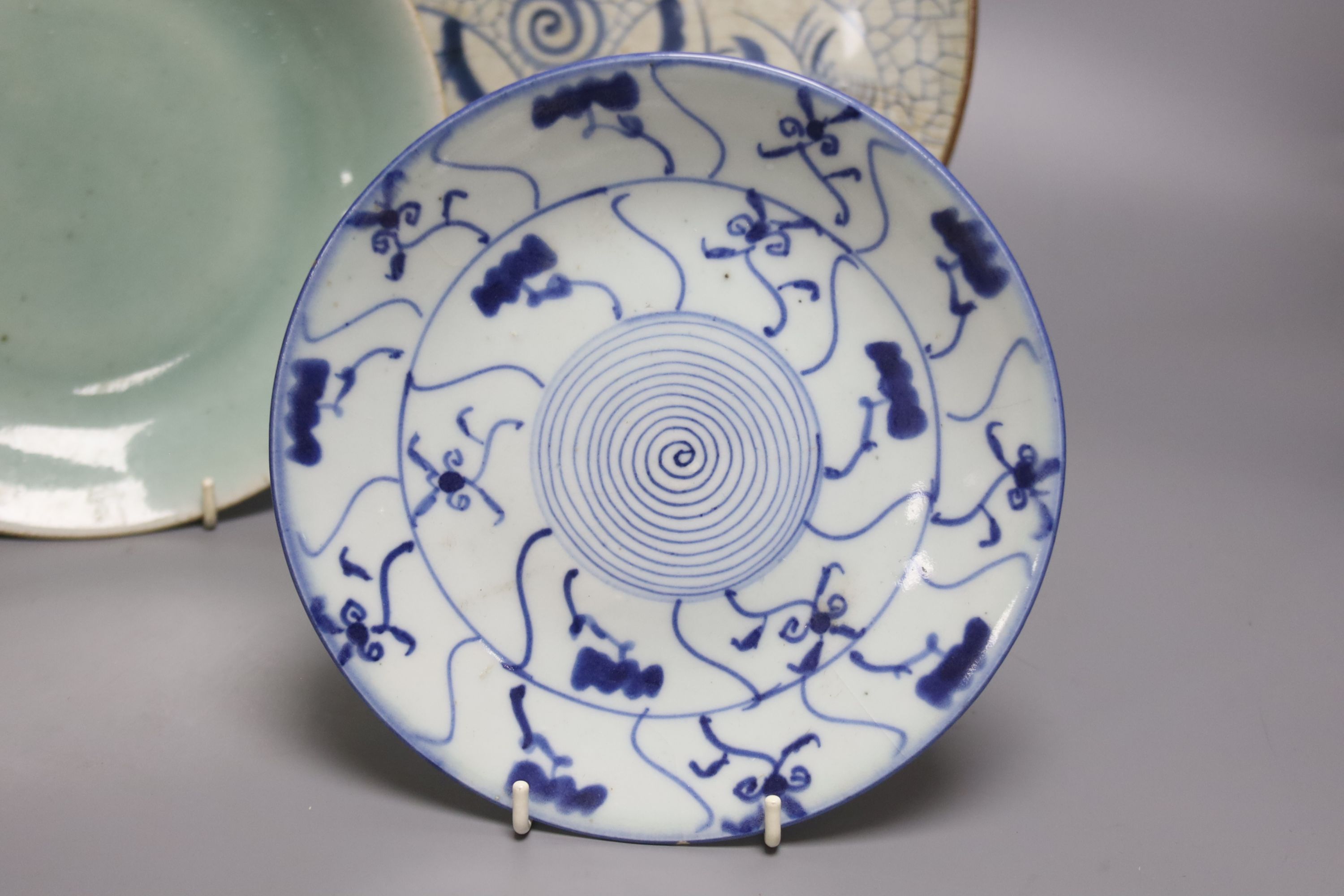 A Japanese crackle glazed dish, another similar and a Chinese celadon glazed dish, largest - Image 3 of 6