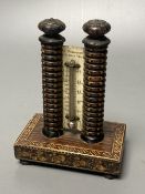 A Tunbridge ware rosewood stickware and tesserae mosaic twin tower thermometer by Henry Hollamby,