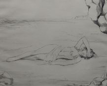 Margaret Cave, etching, Nude on the seashore, signed in pencil, 23 x 28cm