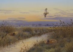 Richard Robjent (b. 1937), watercolour and gouache on paper, Fenland landscape with pheasant and