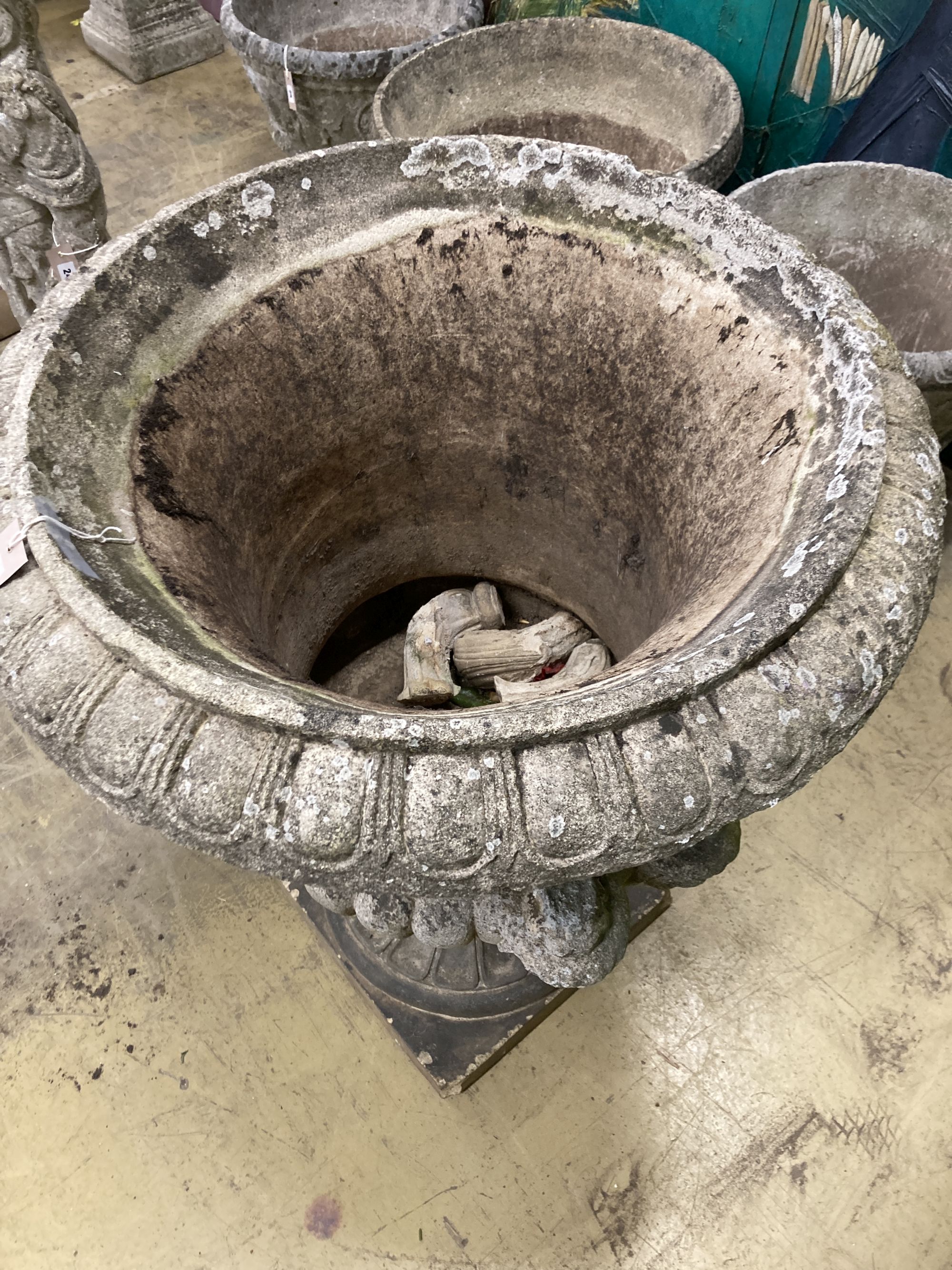 A large reconstituted stone campana garden urn, handles in need of repair, 75cm diameter, height - Image 2 of 5