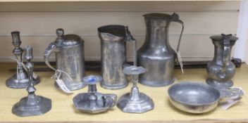 A large pair of steel dividers and a collection of 18th/19th century Continental pewter, including