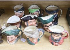A large collection of nine Royal Doulton character jugs including Falsestaff, The Poacher, Old