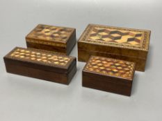 Four Tunbridge ware perspective cube marquetry small boxes, early 20th century, largest 12.2cm,